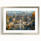 Abstract art print of a palace architecture in silver frame, featuring muted gray and blue tones.