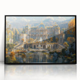 Large abstract wall art featuring a mid-century modernist palace design in black and white tones on framed acrylic.