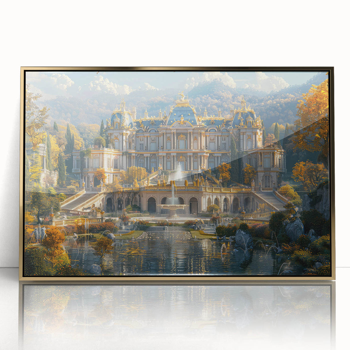 Mid-century modernist palace design in gold and white on a framed acrylic, ideal for nursery wall art.