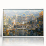 Large art print of a mid-century modernist palace design in muted gray tones on acrylic, ideal for modern art wall decor.