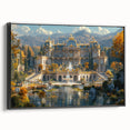 Black and white vintage poster art of a palace, printed on framed canvas, suitable for bedroom wall decor.