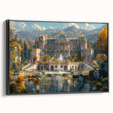 Black and white vintage poster art of a palace, printed on framed canvas, suitable for bedroom wall decor.