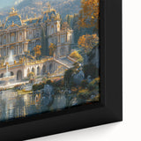 Close-up of a black wall art featuring a textured, colorful abstract design on a framed canvas.