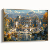 Framed canvas of a vintage-style palace in muted gold and black tones, ideal for adding a classic touch to office spaces.