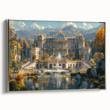 Vintage poster art of a palace, rendered in colorful art tones on a black background, framed canvas.