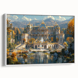 Framed canvas featuring a vintage-style landscape painting of a palace, with muted black and white tones.