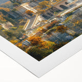 Art deco poster featuring a detailed palace architecture in muted gold and white tones on rolled canvas.