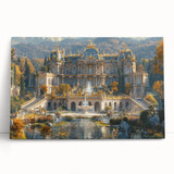 Black and white photograph of a leaning palace on stretched canvas, suitable as large art for kitchen or bedroom.