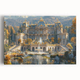 Black and white large art print of a palace architecture on stretched canvas, ideal for kitchen wall art.