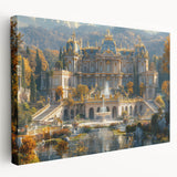 Large art print of a palace architecture design in muted earth tones on stretched canvas, ideal for kitchen wall decor.