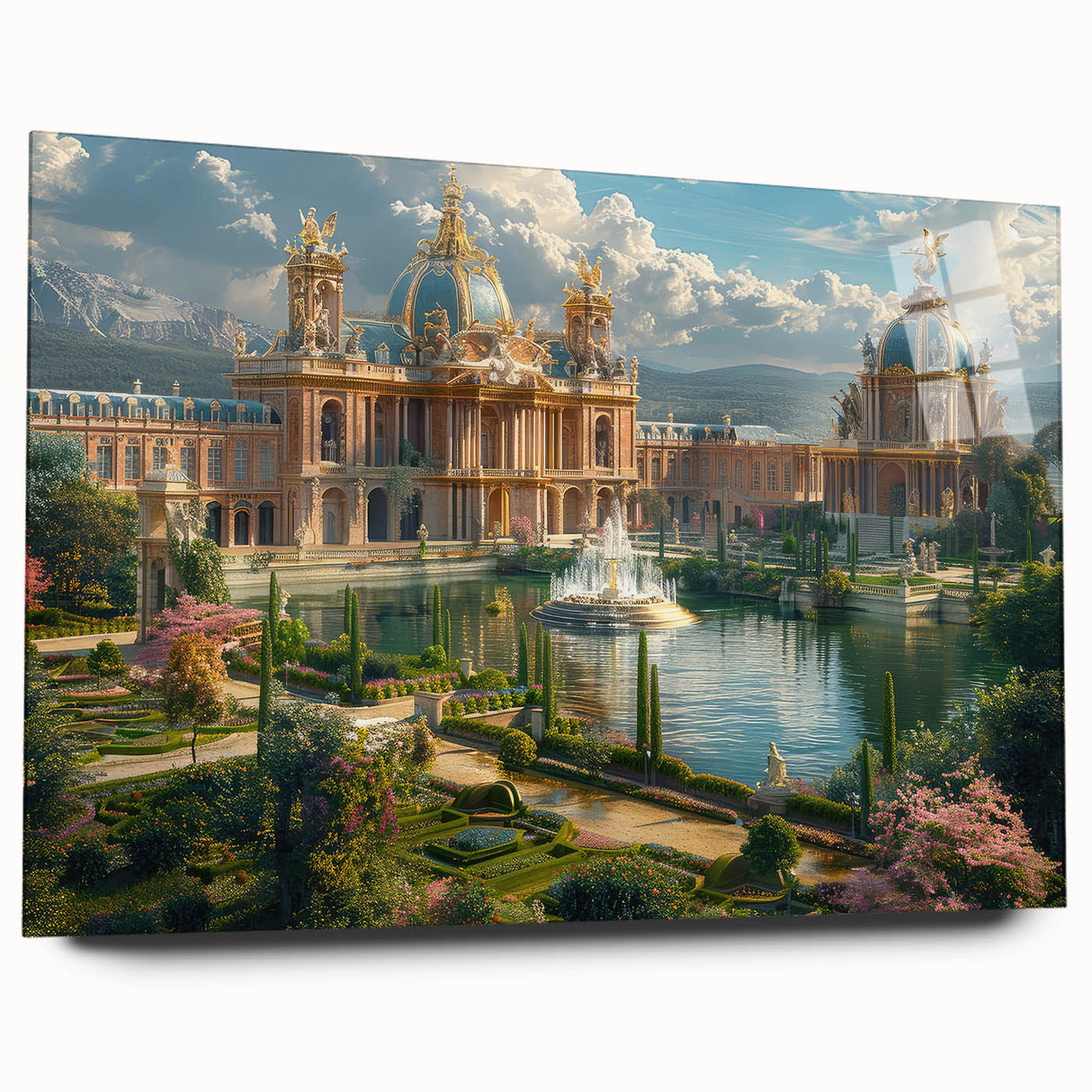 Large abstract wall art on acrylic glass depicting a palace design in muted earth tones.