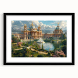 Extra large abstract art print featuring a colorful, textured depiction of a palace, set in a black frame with mat.