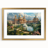 Textured abstract art print of a palace design in muted gold and beige tones, framed with a gold mat, ideal for bedroom art.