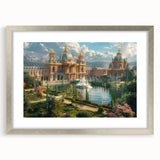 Abstract art print of a palace in muted silver and gray tones on a framed canvas, suitable for dining room or bedroom decor.