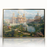 Mid-century modernist art of a palace in muted gold and white tones on a framed acrylic, suitable for nursery wall decor.