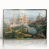 Art Deco poster of a palace in silver acrylic frame, suited for modern nursery decor.