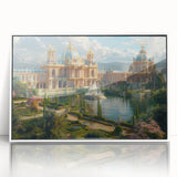 Large art print of a mid-century modernist palace in acrylic, with a white frame, ideal for nursery wall decor.