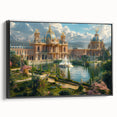 Black and white framed canvas featuring a vintage palace design, ideal for bedroom landscape art.