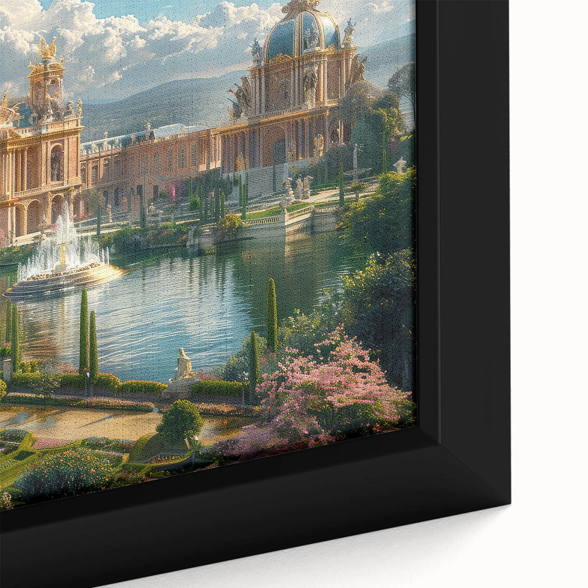 Framed canvas featuring a close-up of a palace in black with colorful, textured details, ideal for living room decor.