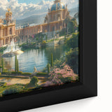 Framed canvas featuring a close-up of a palace in black with colorful, textured details, ideal for living room decor.