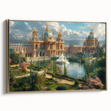 Framed canvas of a vintage-style palace in muted gold and black tones, ideal for adding a classic touch to living room decor.