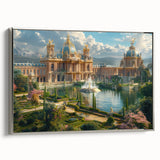 Vintage poster art of a palace design in colorful tones on a framed canvas, ideal for living room decor.