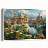 Framed canvas featuring a vintage black and white palace design, ideal for bedroom wall art.