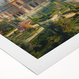 Art deco poster of a palace in soft pastel colors on rolled canvas, suitable for dining room or bathroom decor.