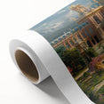 Art Deco-style palace architecture on rolled canvas, featuring soft pastel colors, ideal for nursery wall art.