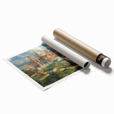 Extra large rolled print of a palace architecture with floral designs in muted earth tones.
