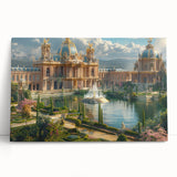 Black and white photo of a leaning palace on stretched canvas, suitable as large kitchen or bedroom wall art.