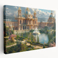 Side view of a large stretched canvas featuring a detailed architectural palace design in muted earth tones.