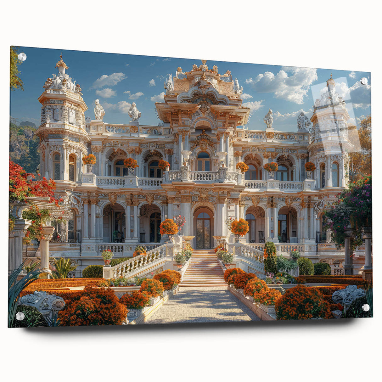 Large abstract wall art on acrylic glass depicting a modern palace design with muted metallic tones.