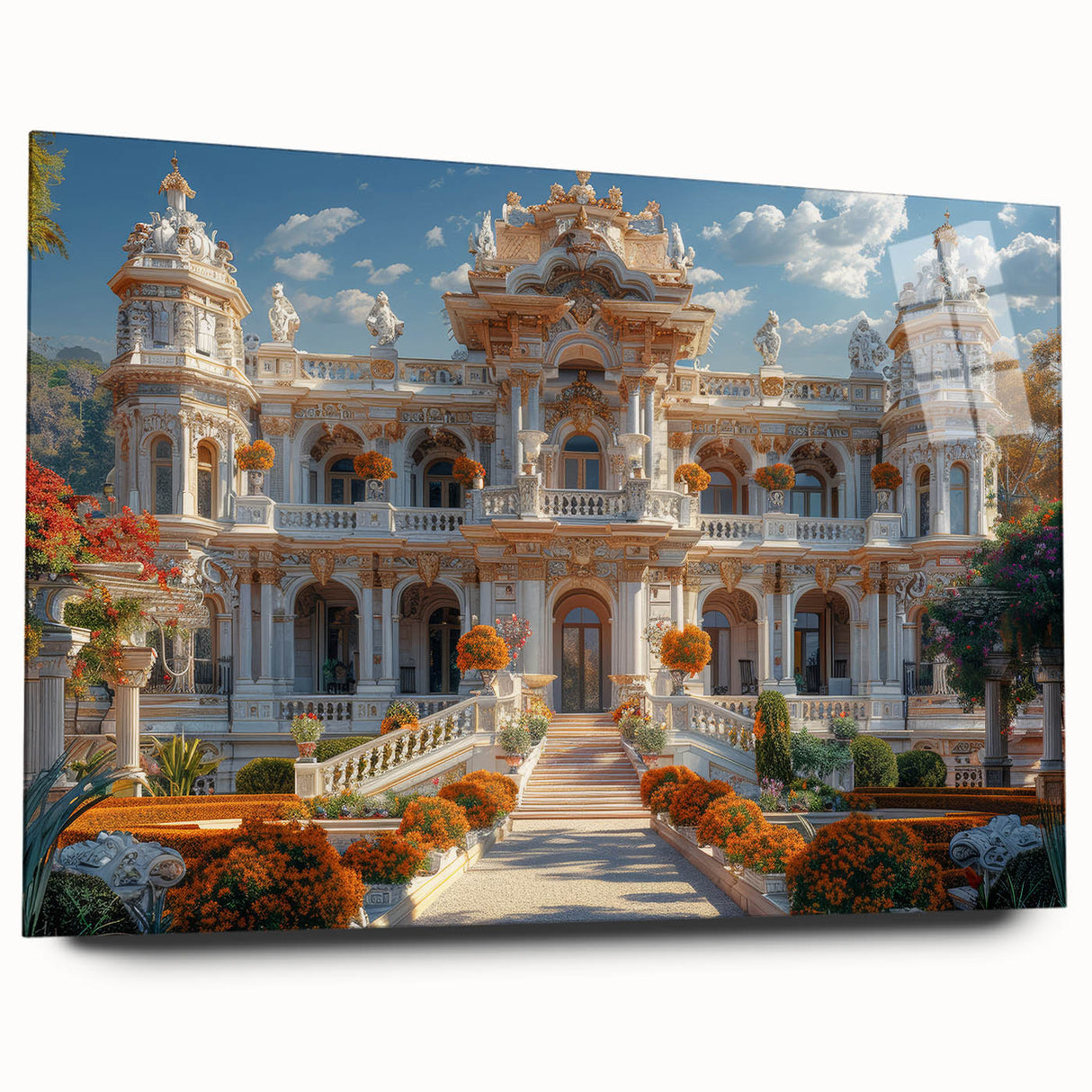 Large abstract wall art on acrylic, featuring a blurred palace design in neutral tones.