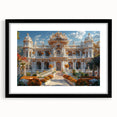 Extra large abstract art print featuring a colorful, textured depiction of a palace, framed in black.