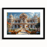 Extra large abstract art print featuring a colorful, textured depiction of a palace, framed in black.