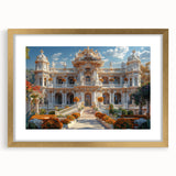 Textured abstract art print of a palace, in gold and beige tones, framed with a mat, suitable for bedroom decor.