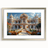 Abstract art print featuring geometric shapes in muted silver and gray tones, framed with a silver mat.