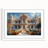 Extra large abstract art print featuring a textured depiction of a palace, in muted earth tones, framed with a white mat.