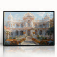 Large abstract wall art of a palace in black and white tones, acrylic print in a black frame.