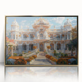 Mid-century modernist palace design in gold and white hues on a framed acrylic, suitable for nursery wall art.