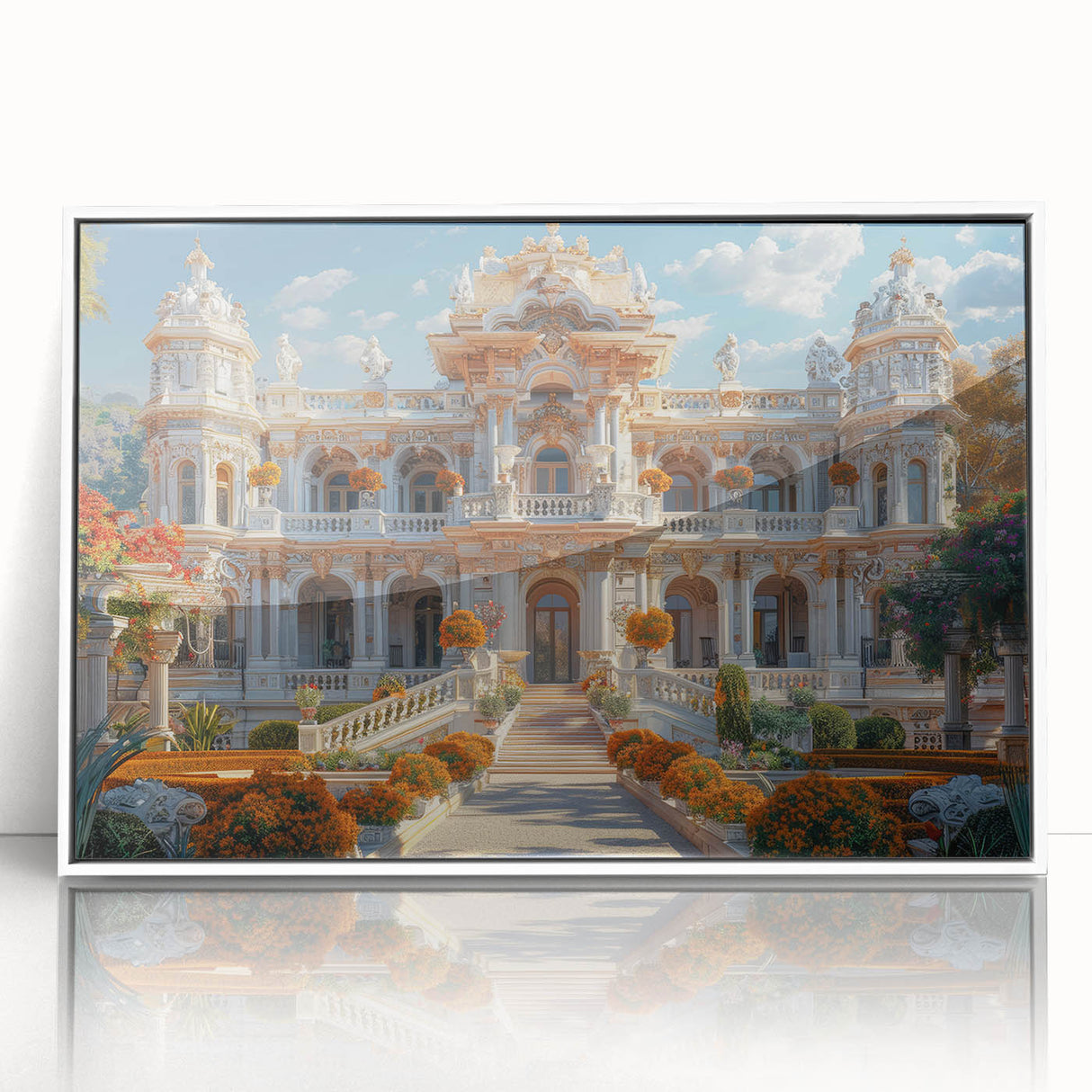Large art print of a mid-century modernist palace design in muted gray tones, framed in white acrylic.