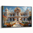 Black and white vintage poster art of a palace, framed canvas, ideal for bedroom wall decor.