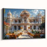 Black and white vintage poster art of a palace, framed canvas, ideal for bedroom wall decor.