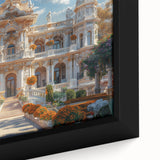 Close-up of a large framed canvas featuring a black architectural palace design with colorful, textured embellishments.