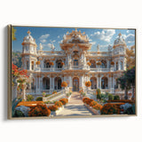 Framed canvas of a vintage-style landscape painting depicting a palace, in muted gold and black tones.