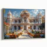 Vintage poster art of a palace architecture on a framed canvas in black with colorful accents.