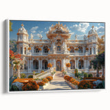 Framed canvas featuring a vintage poster art style landscape painting of a palace, in muted black and white tones.