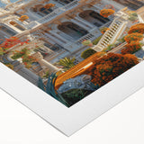 Art Deco poster of a detailed palace architecture in muted beige and cream, rolled canvas, suitable for dining room decor.