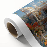 Art Deco style palace architecture in soft pastel hues on rolled canvas, ideal for nursery wall art.